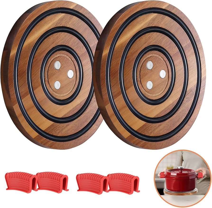 2 Pcs Magnetic Wooden Trivets, Acacia Wood with Black Silicone Rings, Magnetic Pot Holder for Le ... | Amazon (US)