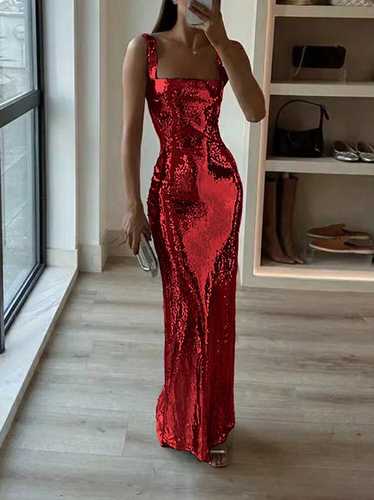 Vestido De Fiesta Con Cuello Cuadrado, Cola De Pez, Sin Espalda Y Sin Mangas Con Lentejuelas Metalizadas, Vestido Para Invitado De Boda | SHEIN