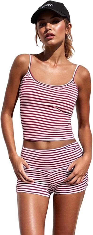 Muineobuka Women Summer Y2K Sexy Striped Pajama Set Backless Fit Strap Crop Cami Tank and micro S... | Amazon (US)
