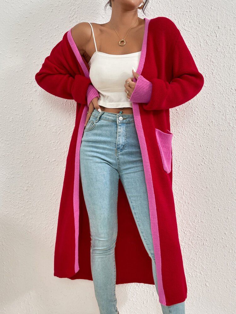 Colorblock Double Pocket Duster Cardigan | SHEIN