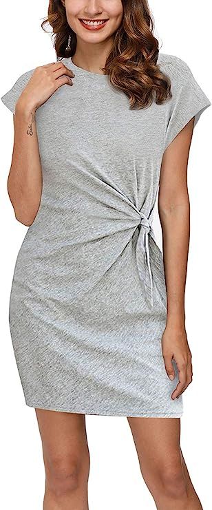 Pink Wind Women's Casual Cap Sleeve Dress Cotton Tie Front Bodycon Mini T Shirt Dress | Amazon (US)