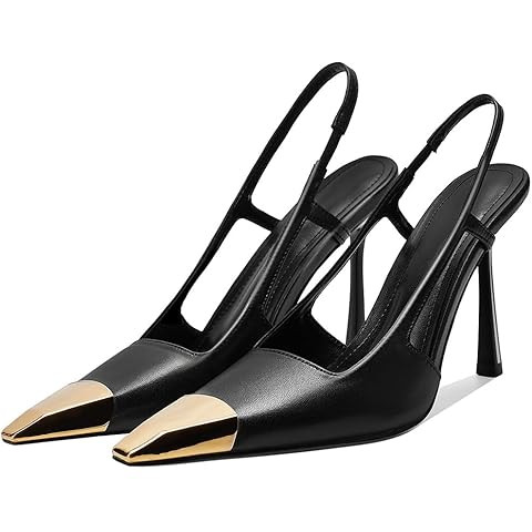 THESHY Womens Slingback High Heels Metal Pointed Toe Leather High Stiletto Heel Pumps Slip on Ela... | Amazon (US)