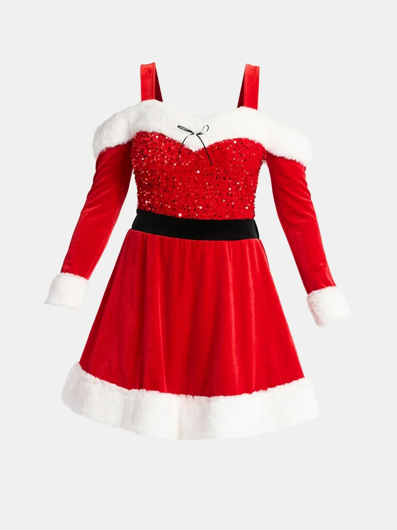 No Boundaries Off The Shoulder Christmas Holiday Dress with Faux Fur, Women’s | Walmart (US)