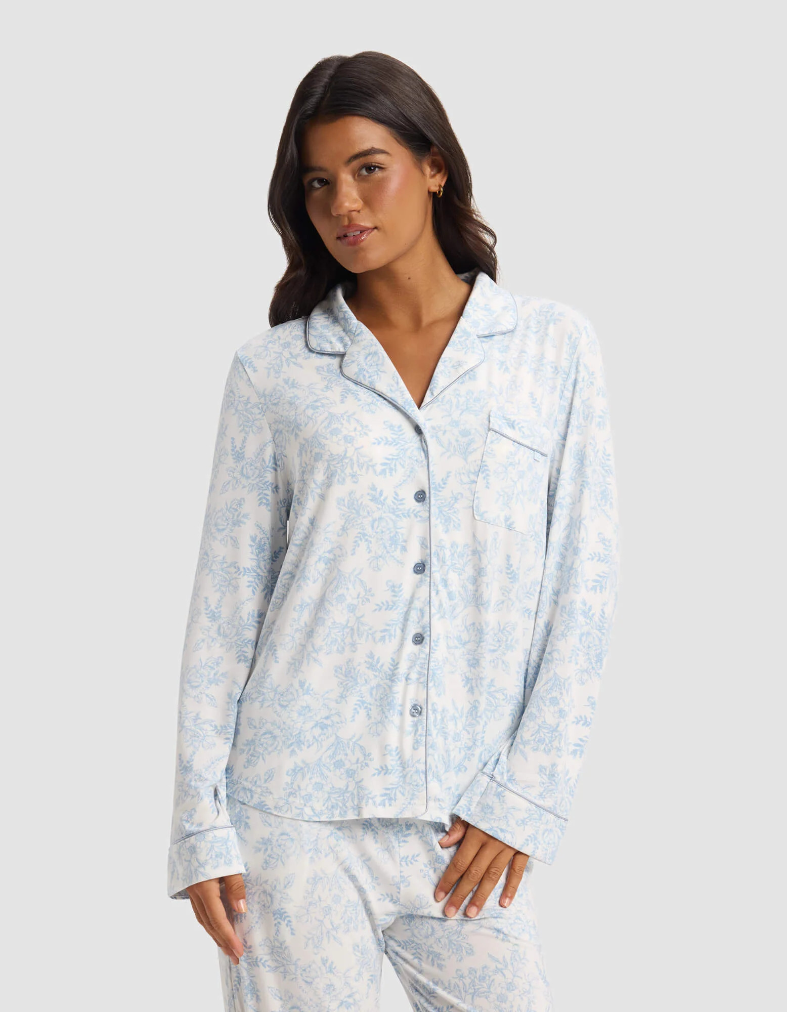 Women's Bamboo Viscose Stretch-Knit Long Sleeve Shirt Pajama Top in Sky Toile (Size: XL) - Cozy Earth | Cozy Earth
