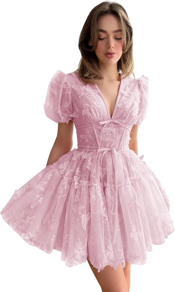 3D Butterflies Tulle Homecoming Dress Puffy Sleeve V Neck Short Prom Dresses for Teens 2024 | Amazon (US)