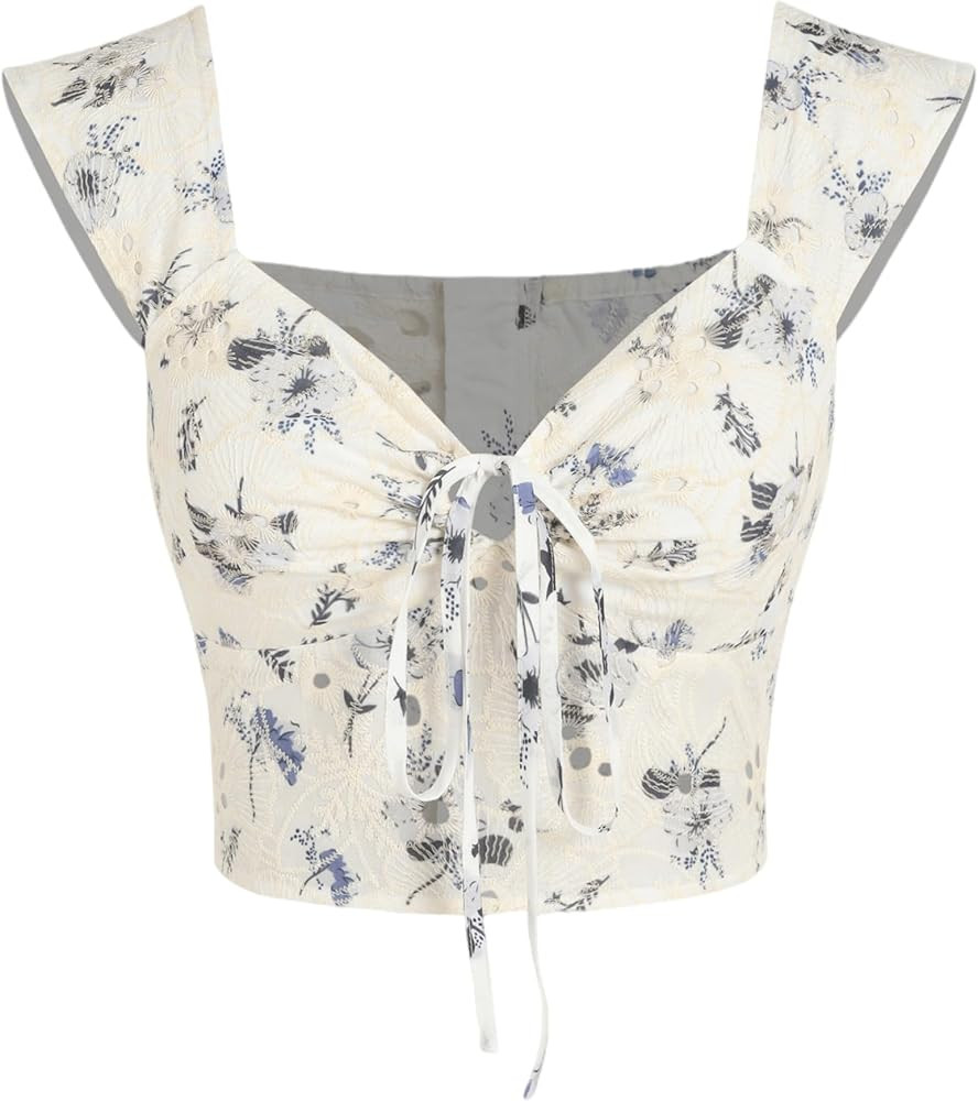 CIDER Floral Zipper Knotted Crop Top | Amazon (US)