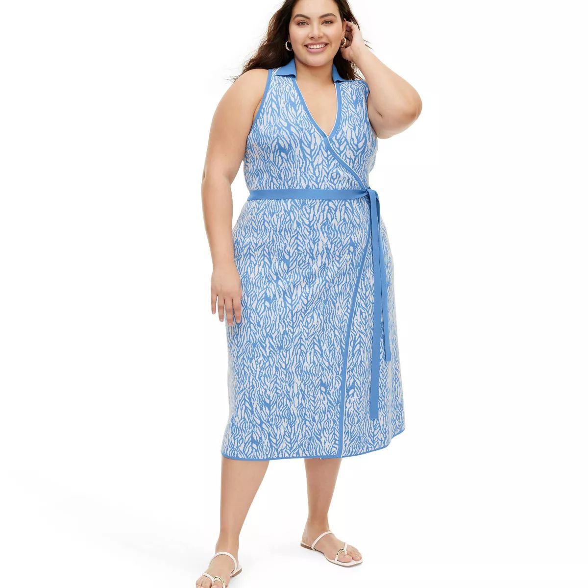Women's Collared Sleeveless Sea Twig Blue Sweaterknit Midi Wrap Dress - DVF for Target | Target