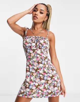 Missguided ruched bust dress with tie shoulder in multi floral | ASOS (Global)
