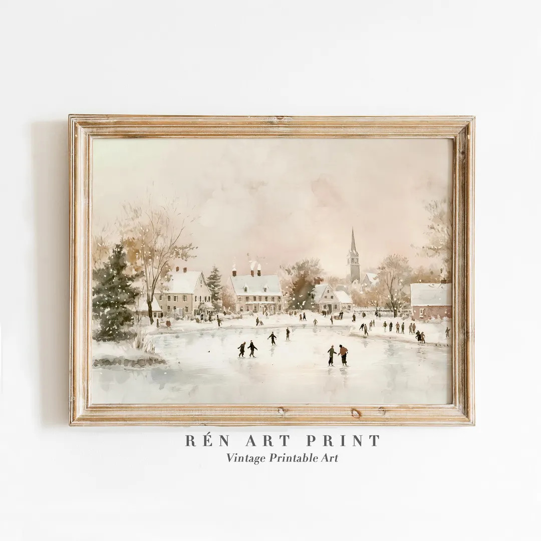 Vintage Winter Wall Art Neutral Christmas Printable Art Ice Skating Print Winter Cityscape Painti... | Etsy (US)