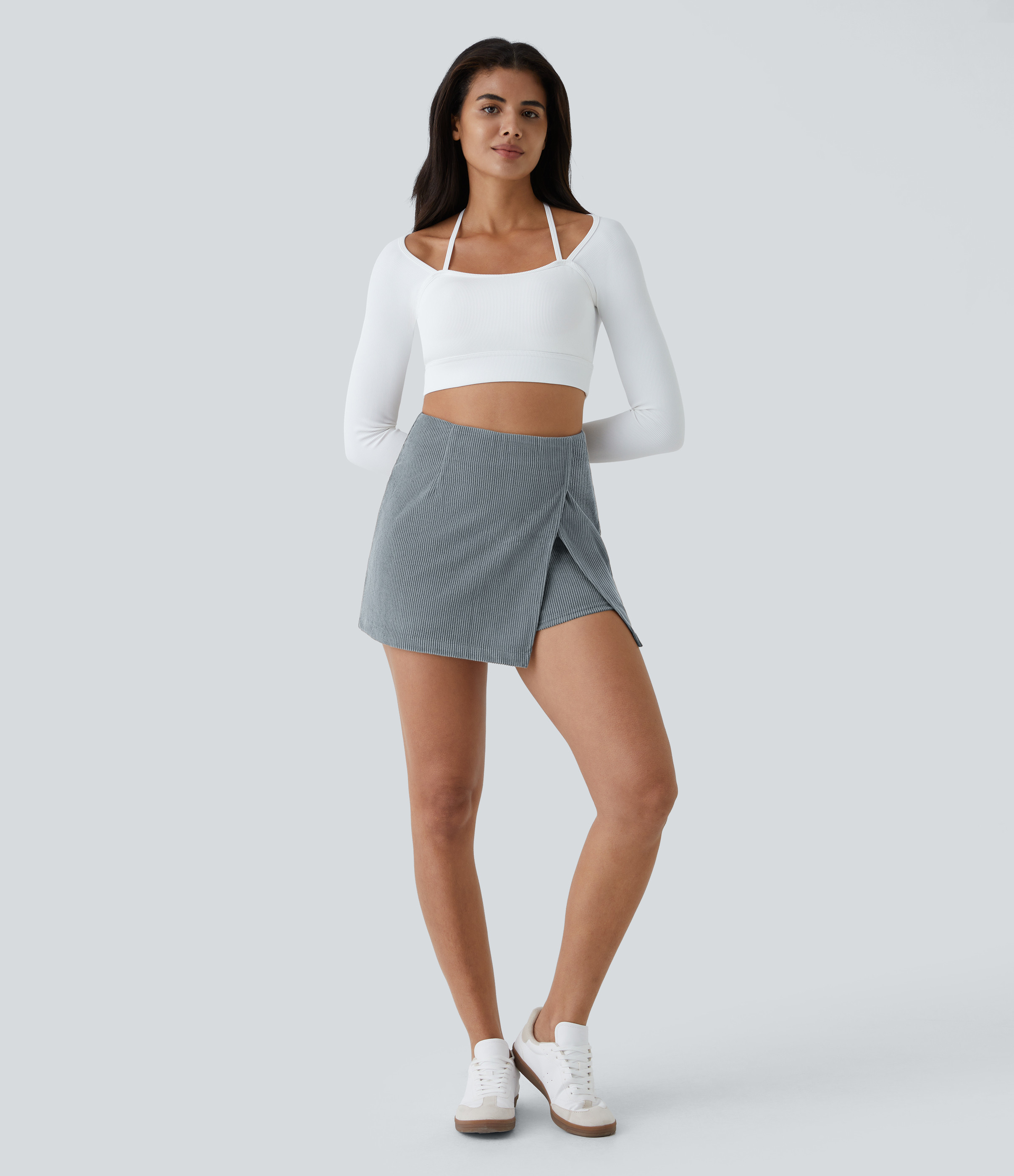 Halara High Waisted Back Zipper Split Hem 2-in-1 Corduroy Casual Skirt - Blue Flower Gray - S(regular) | HALARA