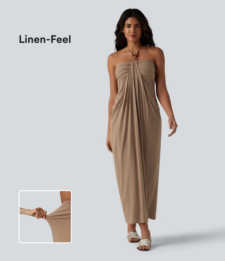 Halter Tie Back Built-in Bra Maxi Resort Linen-Feel Dress with Pockets | Halara-AU