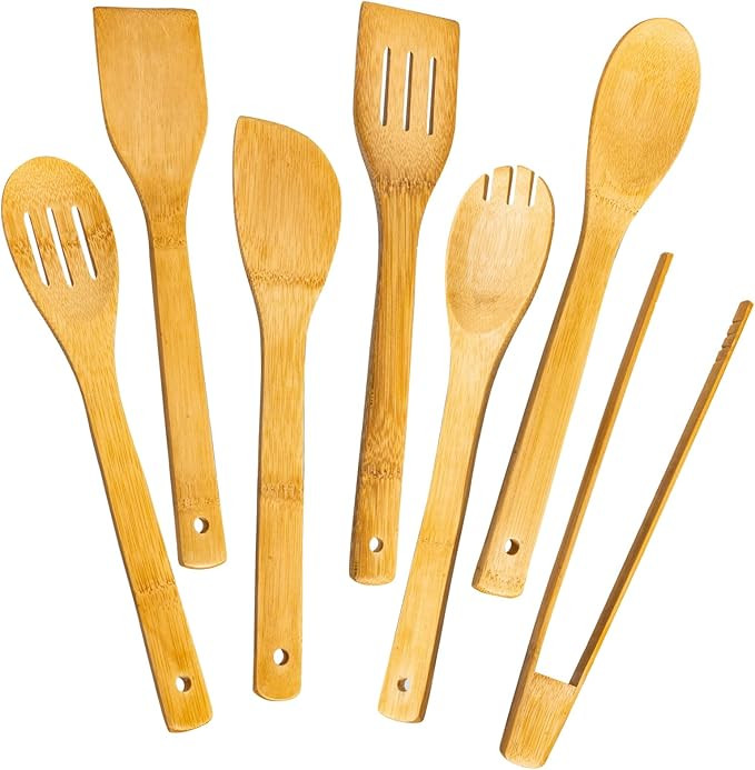 Wooden Spoons for Cooking 7-Piece, Kitchen Nonstick Bamboo Cooking Utensils Set, Healthy Bamboo W... | Amazon (US)