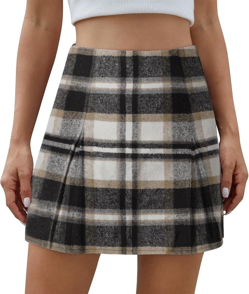 Women's Plaid Mini Skirt Zipper Side High Waisted Pleated A Line Short Skirt | Amazon (US)