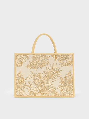 Beige Floral Illustrated Canvas Tote Bag | CHARLES & KEITH | Charles & Keith US