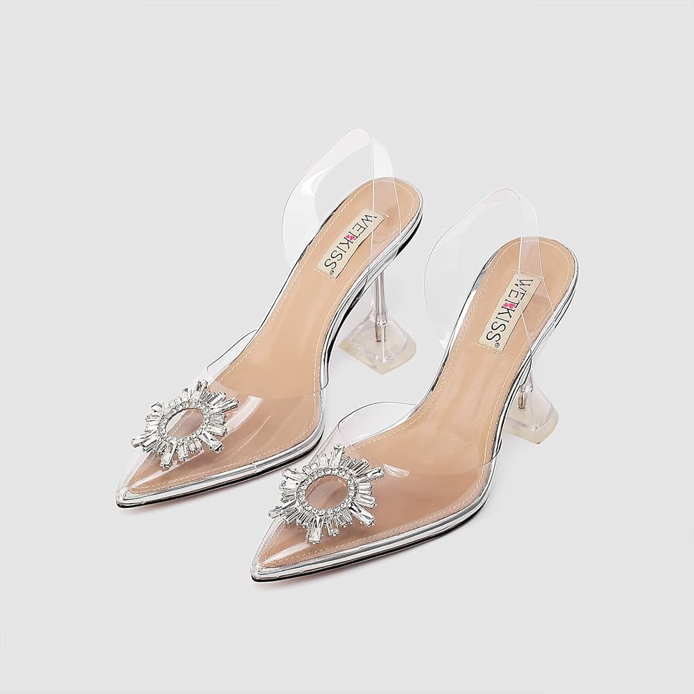 wetkiss Women's Clear Heels Shoes, Crystal Rhinestones Slingback Wedding Shoes Pointed Toe High Heel | Amazon (US)