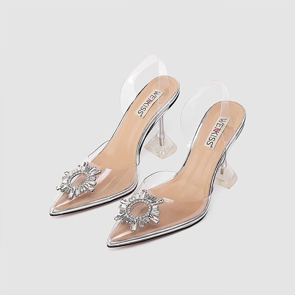 wetkiss Women's Clear Heels Shoes, Crystal Rhinestones Slingback Wedding Shoes Pointed Toe High Heel | Amazon (US)