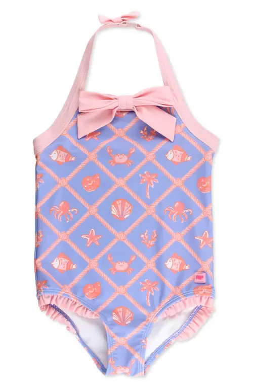 RuffleButts Kids' Tropical Trellis UPF 50+ One-Piece Swimsuit in Blue at Nordstrom, Size 2T | Nordstrom