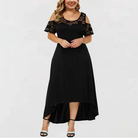 Plus Size Women Elegant Cold Shoulder Short Sleeve Crewneck Asymmetric Hem Long Dress Summer Maxi Dr | Walmart (US)