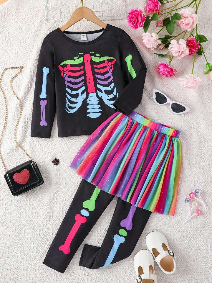 SHEIN Young Girl Skeleton Print Top & 2 In 1 Pants | SHEIN USA | SHEIN