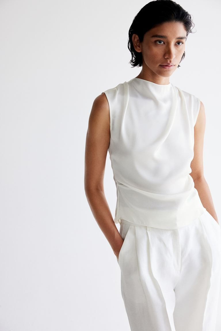 Draped Satin Top - Cowl Neck - Sleeveless - White - Ladies | H&M US | H&M (US + CA)