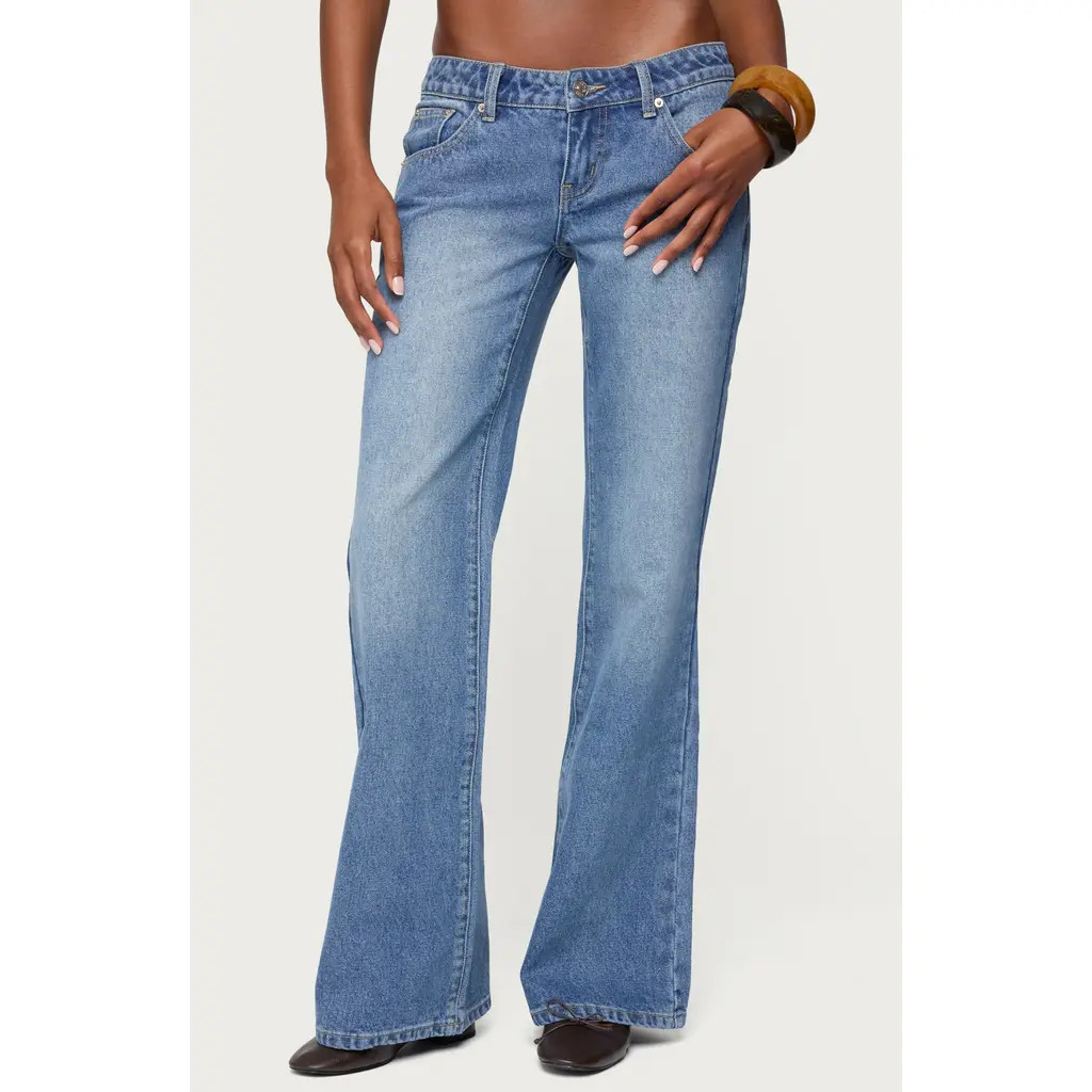 EDIKTED Kiarah Low Rise Flare Jeans in Blue-Washed at Nordstrom, Size X-Large | Nordstrom