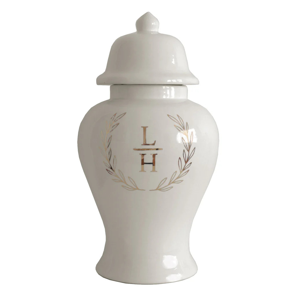 Laurel Wreath Monogram Ginger Jars in Beige | Lo Home by Lauren Haskell Designs