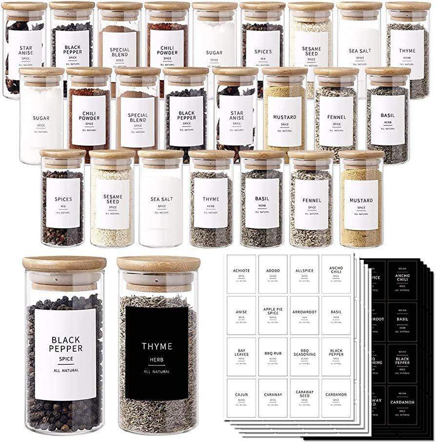 CZZGSM 24 Pcs Glass Jars With 296 Spice Labels Preprinted of White and Black Color- 4oz Thicken(2... | Amazon (US)