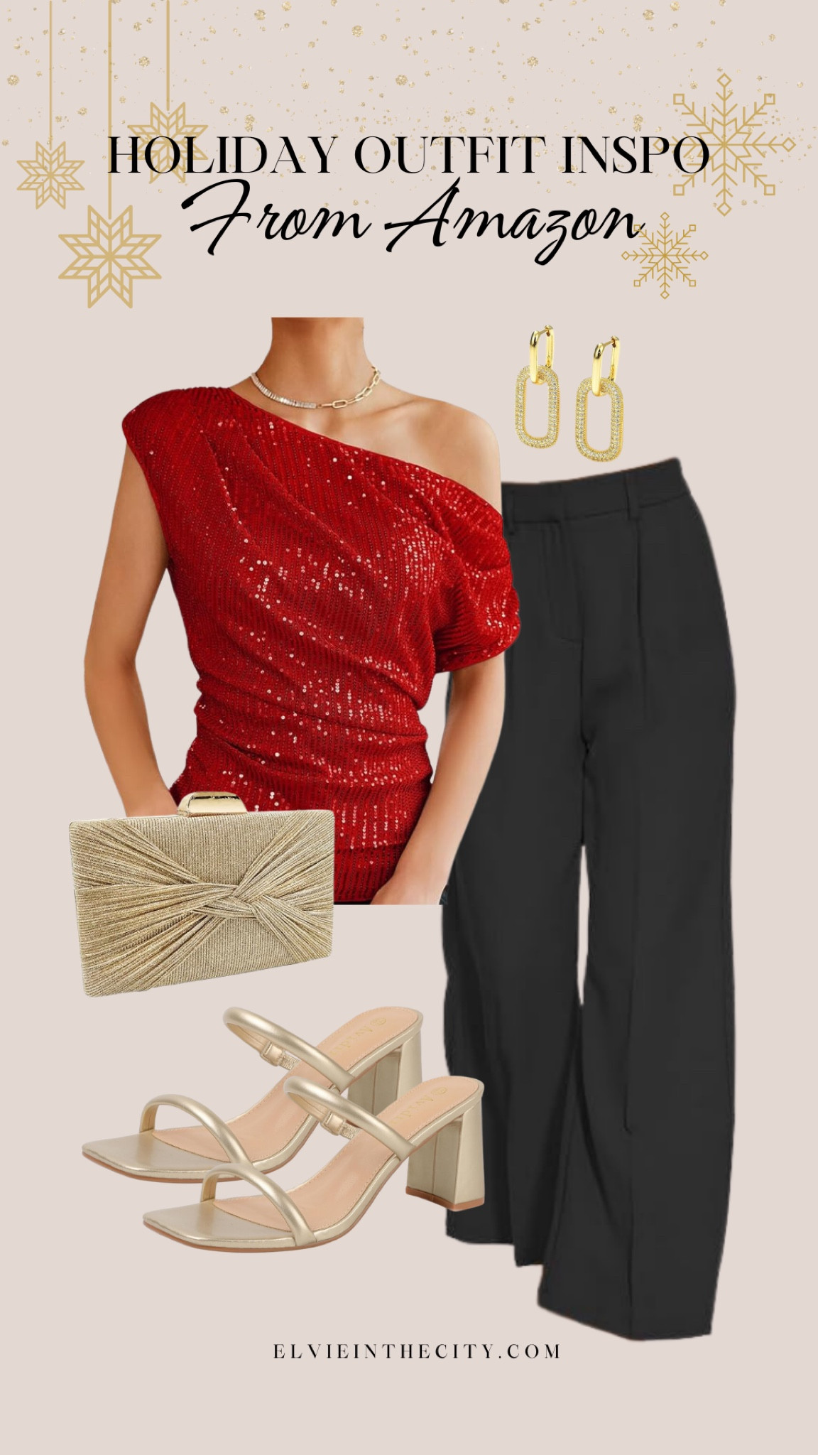 This holiday outfit inspo pairs a red sequined off the shoulder top with wide leg black pants, gold strappy heels, a gold clutch, and gold dangling earrings.

Holiday party, Christmas outfit, ootd, winter outfit, fashion over 40

#LTKFindsUnder50 #LTKStyleTip #LTKHoliday