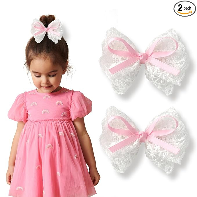 2pcs Lace Hair Bows for Girls, White Lace and Pink Hair Ribbons, Alligator Bow Hair Clips, Handma... | Amazon (US)