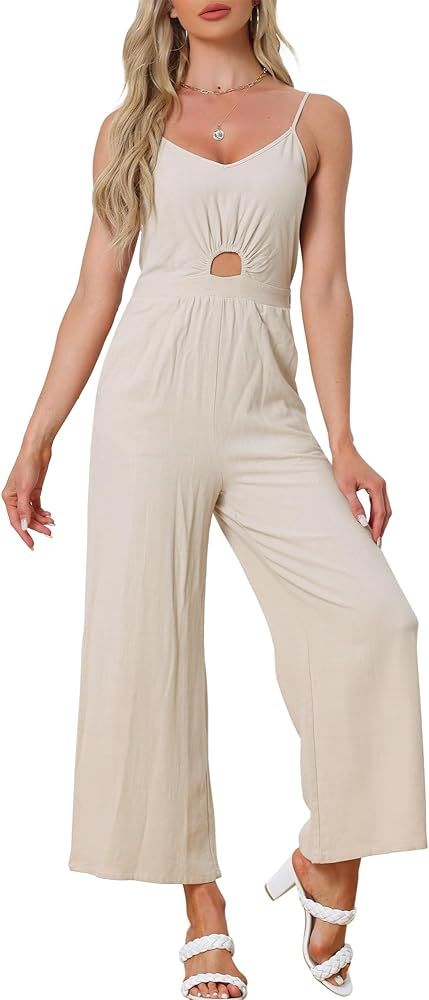 Allegra K Summer Outfits Jumpsuit for Women's Casual Spaghetti Strap Cut Out Wide Leg Romper with... | Amazon (US)