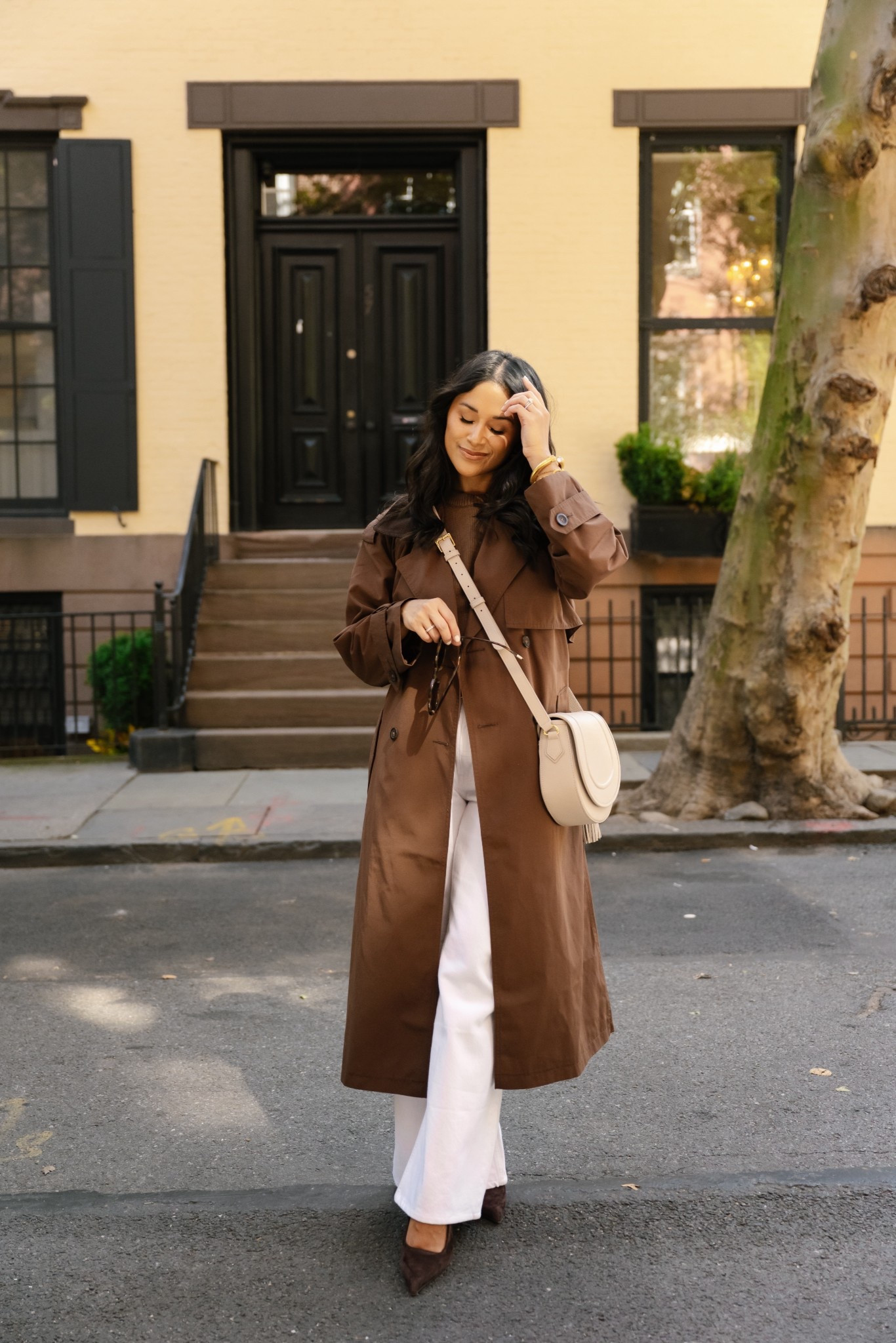 Obsessed with this brown and cream outfit.     
my bag also now comes in a stunning chocolate brown color!  

-wearing size 26 regular in jeans and got them hemmed and wearing size petite small in coat!

Take 20% off my beck sling bag with code: HAUTE20

#whitedenim #chocolatebrown #bodysuit #slingbag #handbag #giginewyork #falloutfit #trenchcoat 

#LTKStyleTip #LTKSaleAlert #LTKItBag