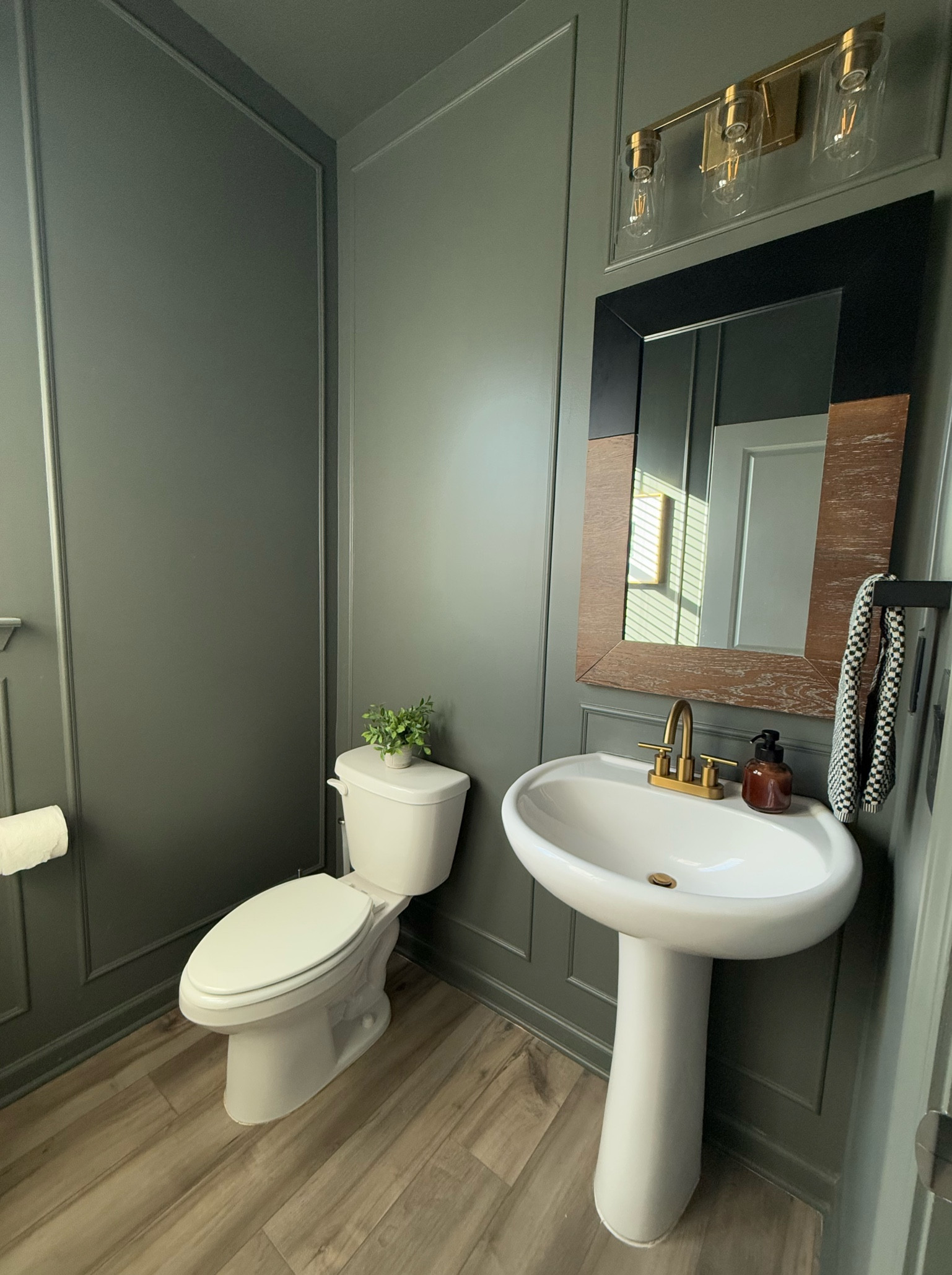 From outdated to upgraded! ✨ Our DIY half-bath remodel is finally complete—fresh paint, new fixtures, and a whole lot of love. #HalfBathMakeover #PowderRoom 

#LTKFamily #LTKStyleTip #LTKHome