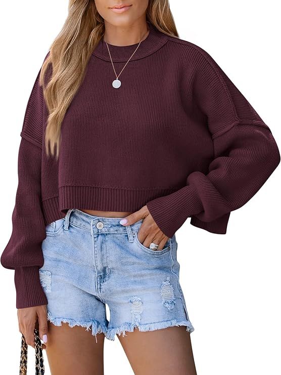 LILLUSORY Women's Crewneck Cropped Sweaters 2023 Fall Batwing Long Sleeve Cable Knit Side Slit Ov... | Amazon (US)