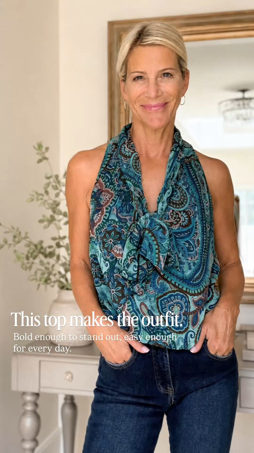 This paisley halter top is such a chic way to transition into fall! The beautiful blue and teal print, flattering neckline, and lightweight fabric pair perfectly with dark wash jeans for an effortlessly polished look. Wear it for date night, vacation dinners, lunch with friends, or an evening out while the weather is still warm.

👩‍💻 LTK PRO TIPS
❤️ Heart = Support my posts ;-)
🔖 Save = Get sale & restock alerts for the things you love!
📋 Lists = Keep favorites organized (List ideas: Christmas, Birthdays, and Vacations!)
📲 Share = Send lists and products to a friend (or your daughters like me).
💬 Comment = Ask me anything, and I’ll answer. ;-)

#LTKootd #LTKSeasonal #LTKOver40