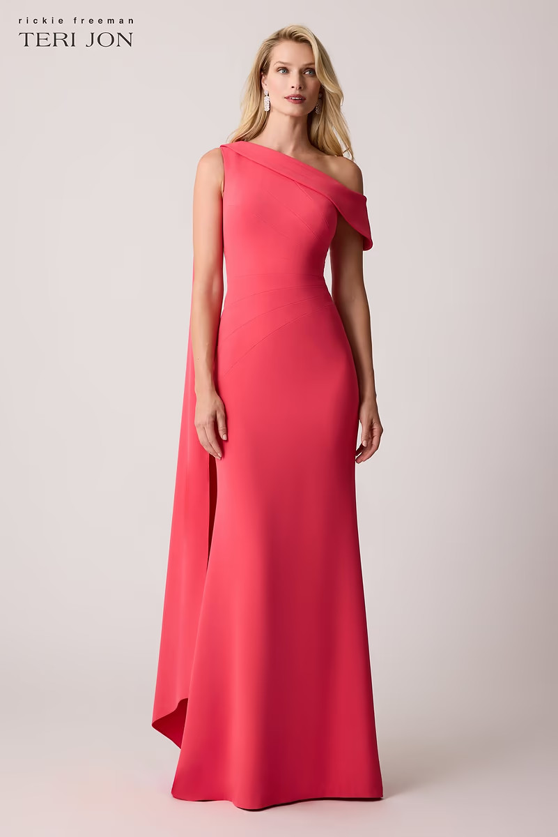 Stretch Crepe Asymmetrical Shoulder Drape Gown | TERI JON
