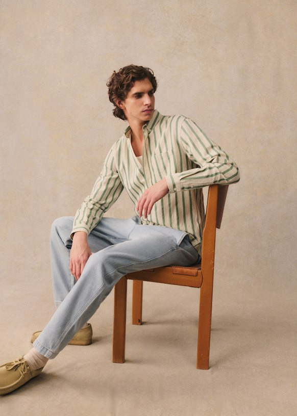 Cotton Linen Charlie Shirt - Ecru with Green Stripes - Cotton - Sézane | Sezane Paris - US