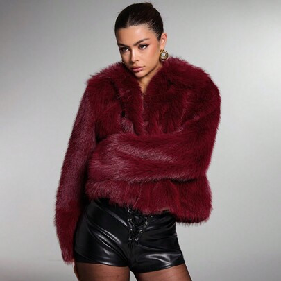 Women Vintage Burgundy Fur Coat Fluffy Solid Color Jacket, Autumn/Winter Vintage Burgundy Fur Coat Fall Women Dresses Christmas Women Clothes Thanksgi | SHEIN