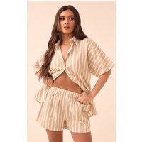 Stone Linen Look Stripe Oversized Boxy Shirt | PrettyLittleThing UK