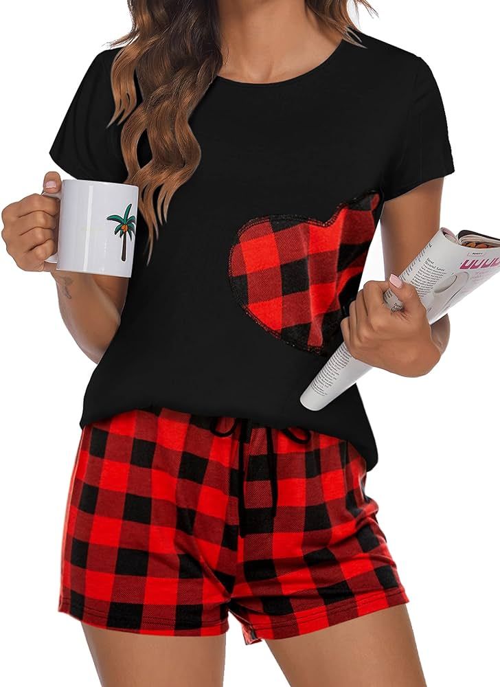 Hotouch Womens Pajamas Set Short Sleeve Top with Sleep Shorts 2 piece Sleepwear Heart Print Pj Se... | Amazon (US)