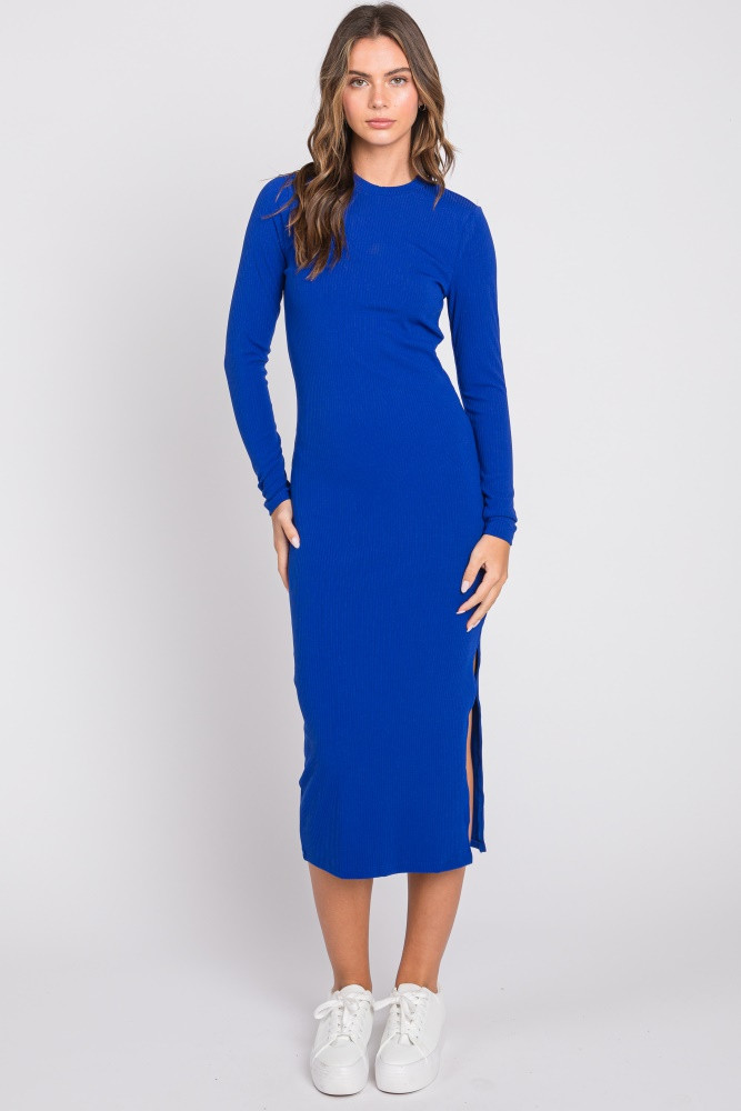 Royal Blue Ribbed Mock Neck Long Sleeve Midi Dress | PinkBlush Maternity