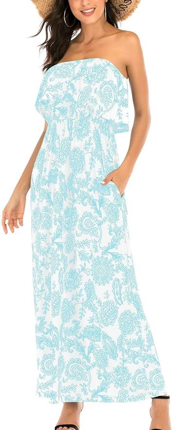MIDOSOO Womens Ruffled Printed Floral Long Strapless Summer Dresses with Pockets | Amazon (US)