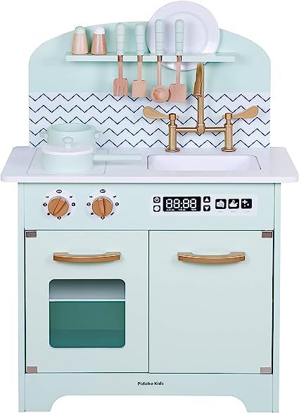 Pidoko Kids Wooden Toy Kitchen - Mint/Gold Edition - Includes Accessories | Amazon (US)