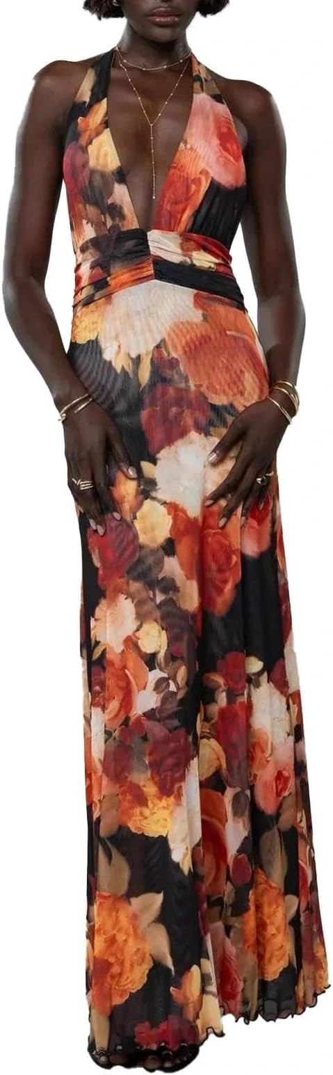 Women Halter Backless Dress Deep V Neck Open Back Mesh Maxi Dress Beach Vacation Wedding Guest | Amazon (US)