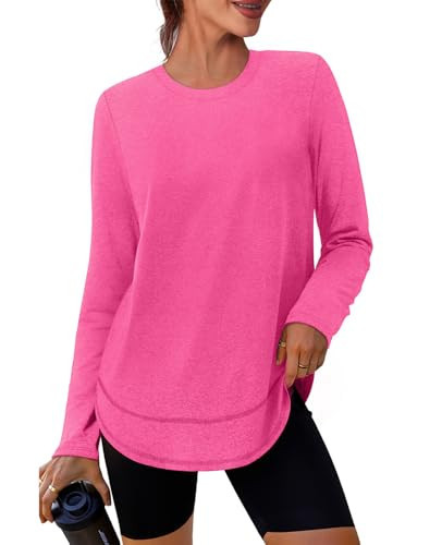 Womens Workout Tops Long Sleeve Swim Shirt Rash Guard Athletic Tops Ropa Deportiva para Mujer‌ Running Loose Fit Exercise Beach Vacation Lightweight Sweatshirt Hot Pink M | Amazon (US)