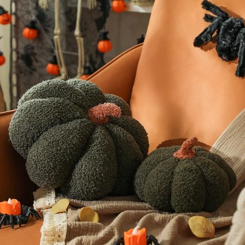 YRXRUS Pumpkin Pillows, Halloween Pumpkin Pillow Set of 2, Green Throw Pillows Room Decoration, Teddy Fleece 6x12&4x7 Inches Accent Cushion for Holiday, Fall | Amazon (US)