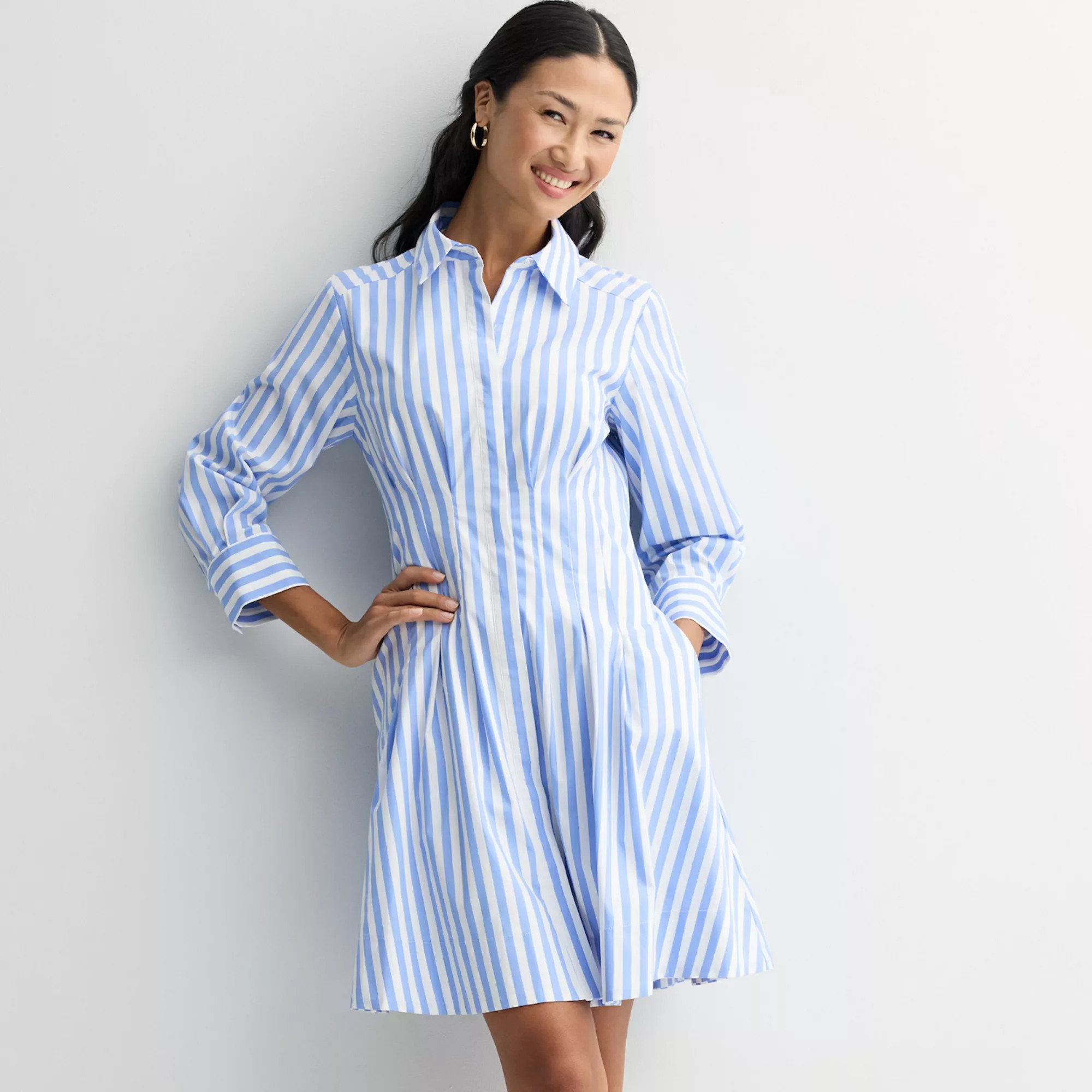 Women's Donna Ricco Long Sleeve Printed Stripe Midi Shirtdress | Kohl's