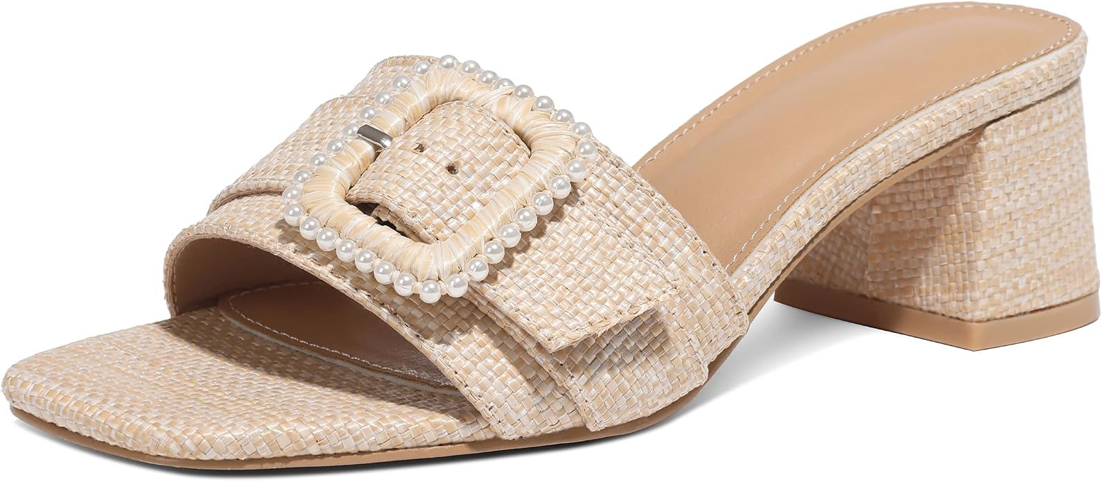 Erocalli Heeled Sandals for Women Raffia Sandals 2026 Chunky Heels Square Toe Mules Slip On Dress... | Amazon (US)