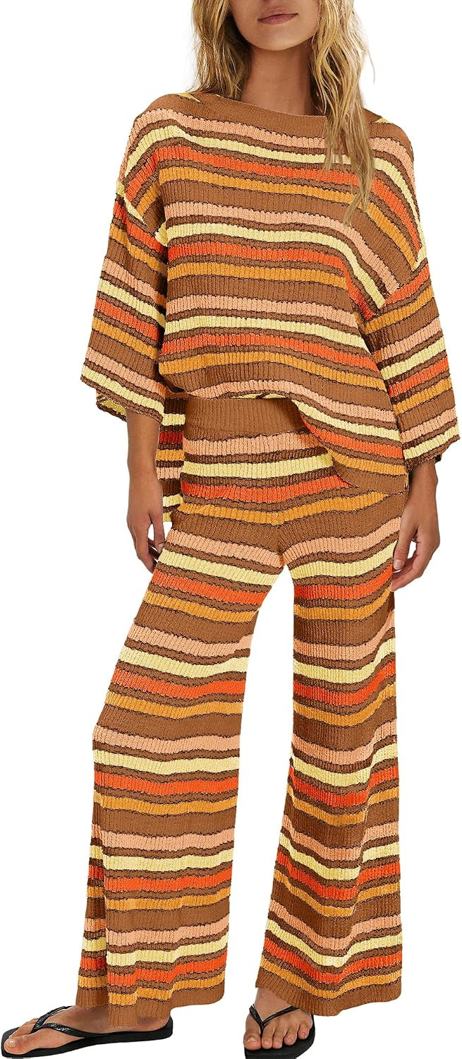 ReachMe Womens Oversized Striped 2 Piece Sets Sweater and Wide Leg Pants with Pockets Pajama Lounge Sets Casual Outfits | Amazon (US)