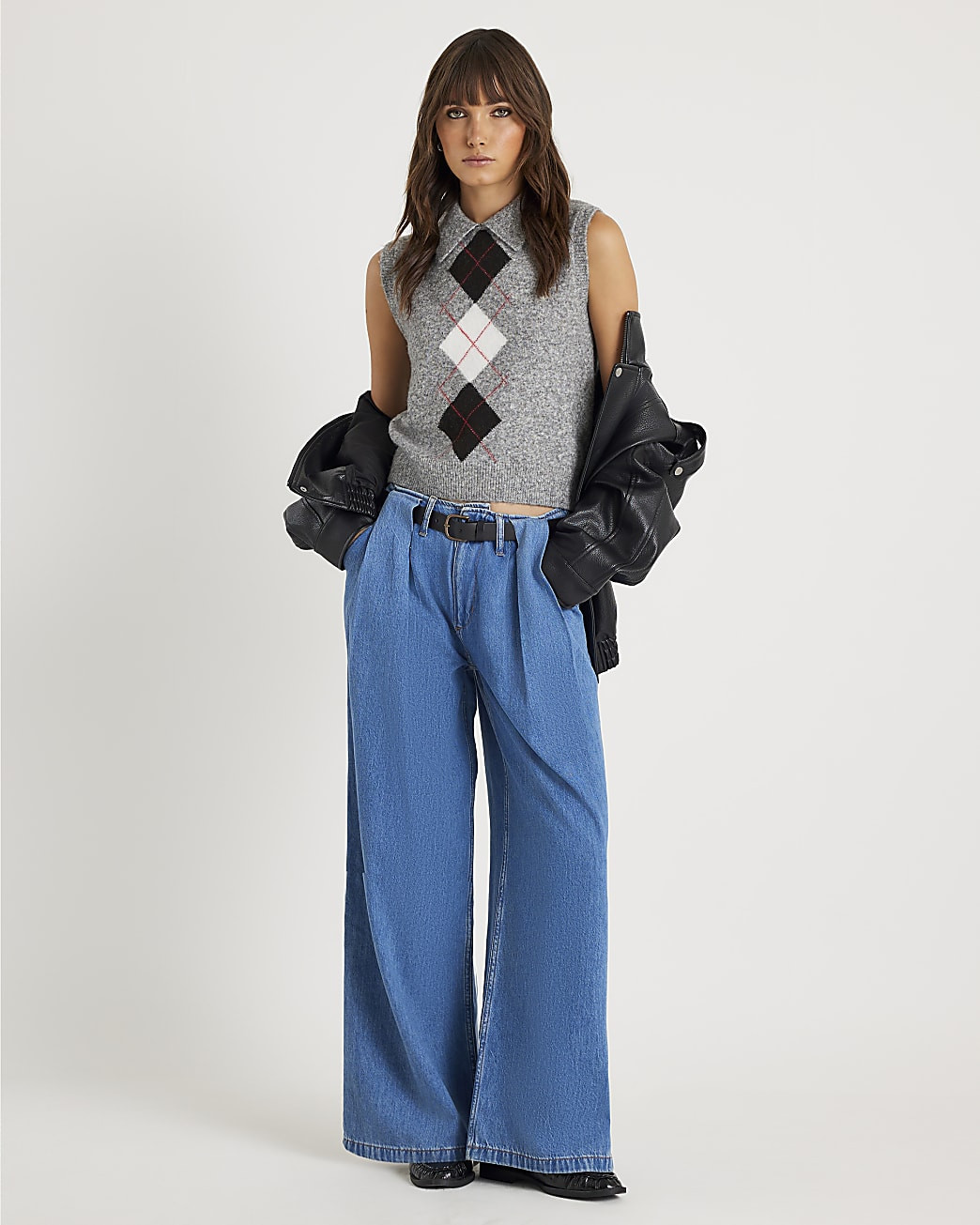 Blue Belted Wide Leg Pleated Jeans | River Island UK & IE