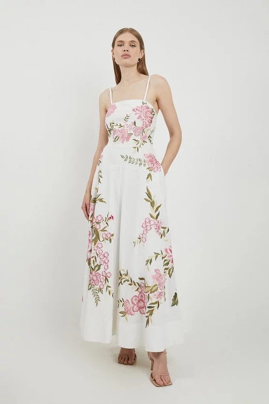 Petite Lydia Millen Linen Embroidery Bardot Prom | Karen Millen US